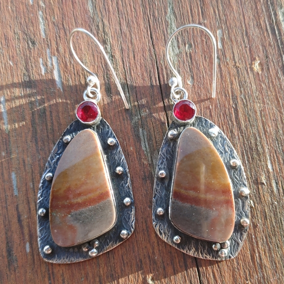Artisan Jewelry - Mookaite w/ Garnet Earrings in 925 Solid Sterling Silver (2.4")
